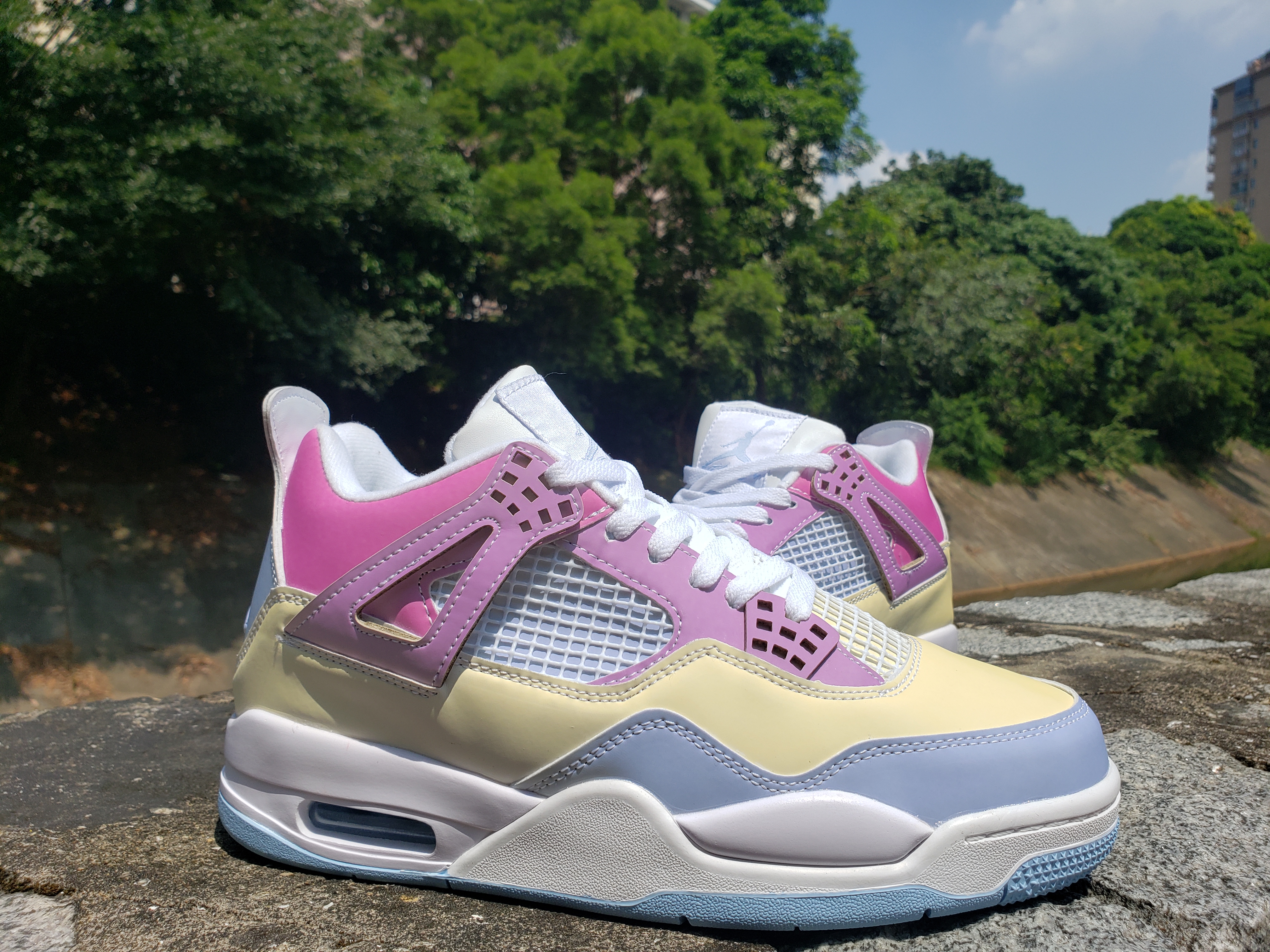 2021 Air Jordan 4 Chamelon Yellow Pink Blue White Shoes - Click Image to Close